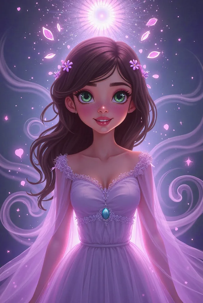 Image that represents the violet-colored spirituality of a brown-haired woman with green eyes in a cartoonish Disney-like manner