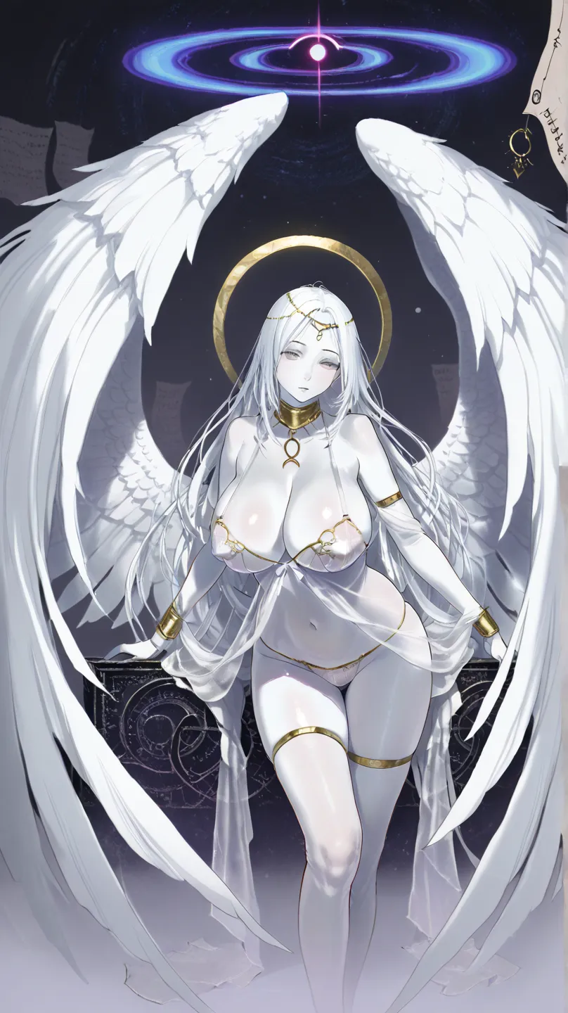 Illustrate a mystical character of beauty comparable to an oracle in an indecent pose . White hair and gray eyes. Very huge and large breasts and delicate long wings. Compared to a spectrum, place small diamonds all over the skin and transparent lingerie. ...