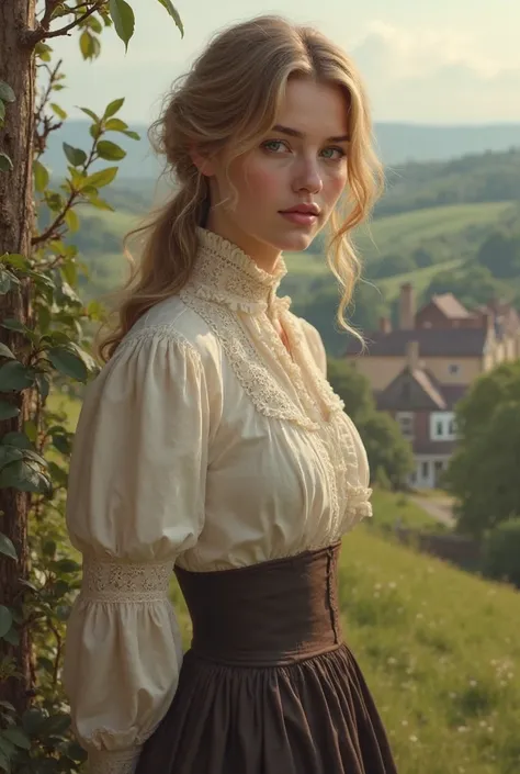 Girl of  with dark blonde hair, coffee eyes and dressed like British girls in 1800s