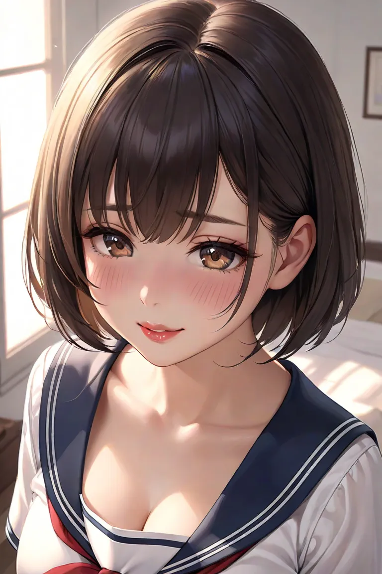 Anime style beautiful girl、Dark hair with medium hair 、 big eyes、I'm a little sweaty、is shy、Thick lips、Cheeks are a little red、I'm wearing a short-sleeved sailor suit、white background、