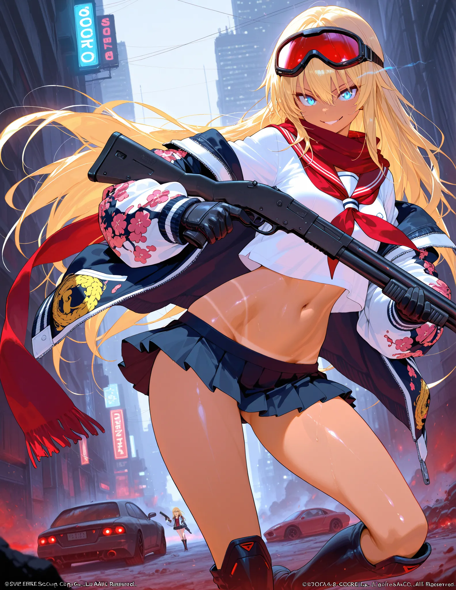 score_9, score_8_up, score_7_up, score_6_up, score_5_up, score_4_up,anime artwork masterpiece,best quality, unreal engine, ultra res, extremely detailed, One Girl,blonde hair,long hair,blue eyes,glowing eye trail,tan skin,biker goggles on head,black sailor...