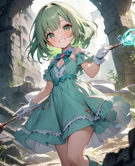 high quality　Ultra High Definition　Learn more 　More details　1 girl　Pale green hair　semi-long　 bangs　green eyes　is smiling　 has a young face　petite figure　 light blue dress　 white frill　Long satin gloves　long boots　heart brooch on chest　 holding a magic wan...