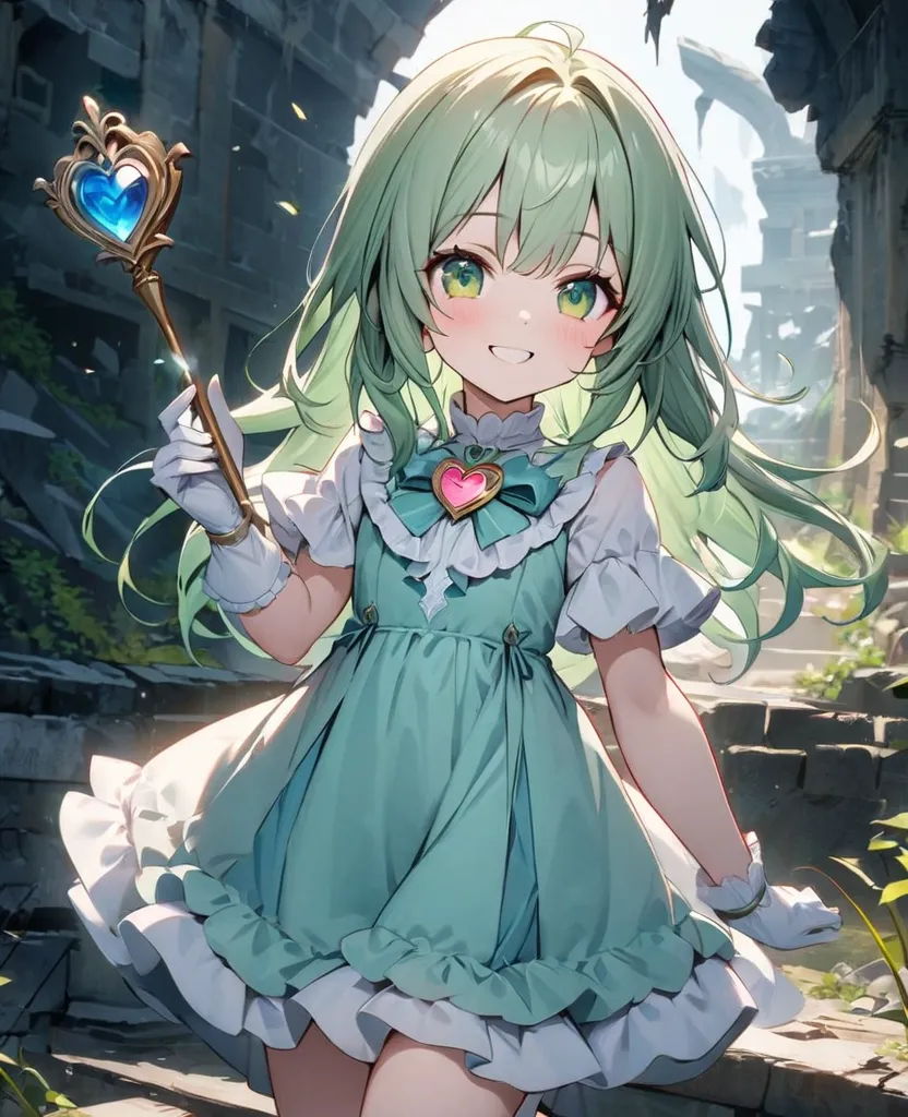 high quality　Ultra High Definition　Learn more 　More details　1 girl　Pale green hair　semi-long　 bangs　green eyes　is smiling　 has a young face　petite figure　 light blue dress　 white frill　Long satin gloves　long boots　heart brooch on chest　 holding a magic wan...