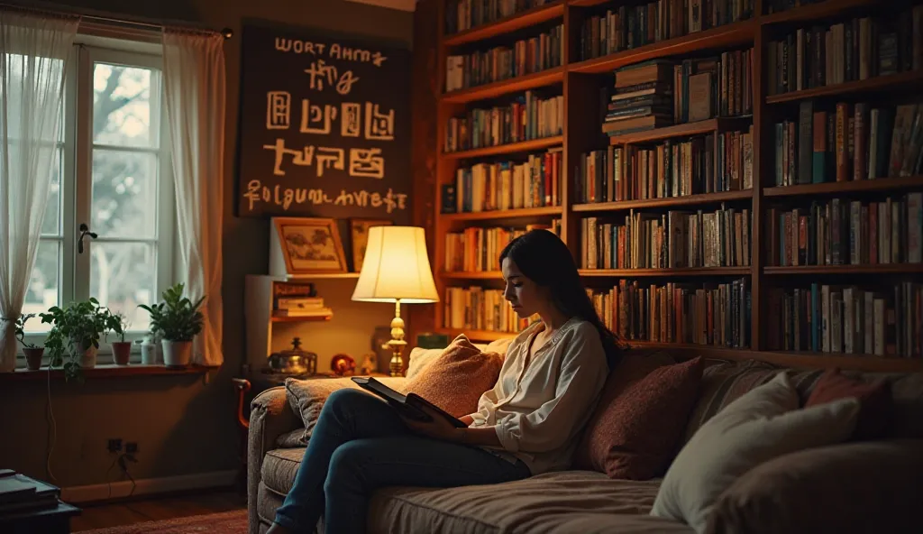 A cozy home library with a person reading a book under warm lighting. The bookshelves are filled with self-improvement books, and a motivational quote on the wall reads, "Work harder on yourself than you do on your job."