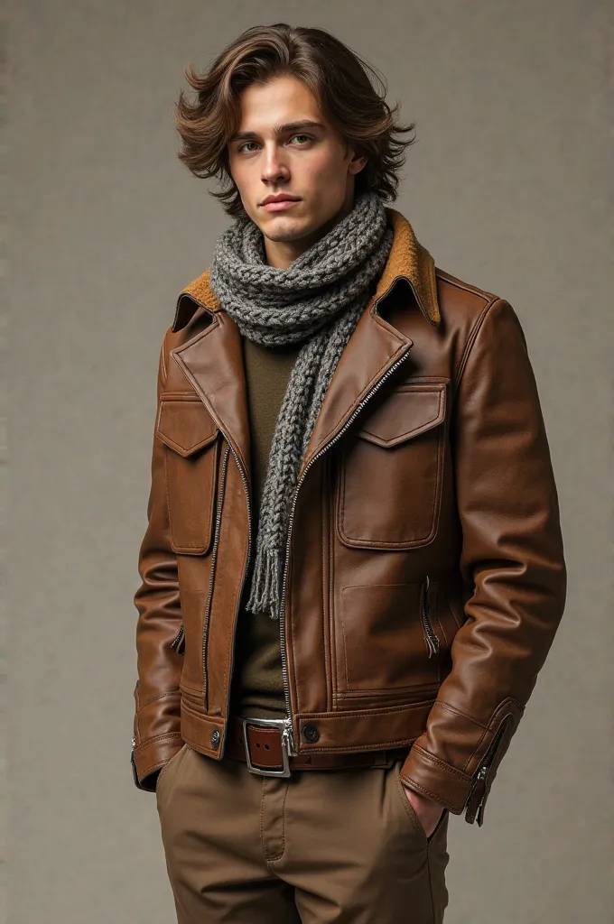 A boy in a brown leather jacket long brown hair dress shoes brown eyes has a scarf around his neck brown leather pants 