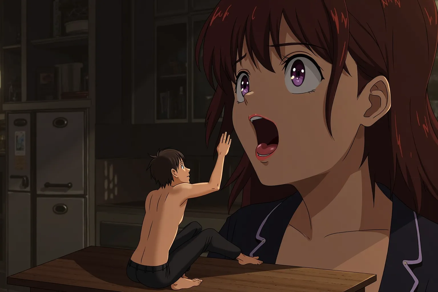 A shonen anime style interior shot of 1 nervous young adult man lower left frame, with a slender build, dressed in black trousers, tan skin, round butt, shaved face, brown eyes, straight bowl cut with bangs. The male is kneeling atop a giant kitchen table,...