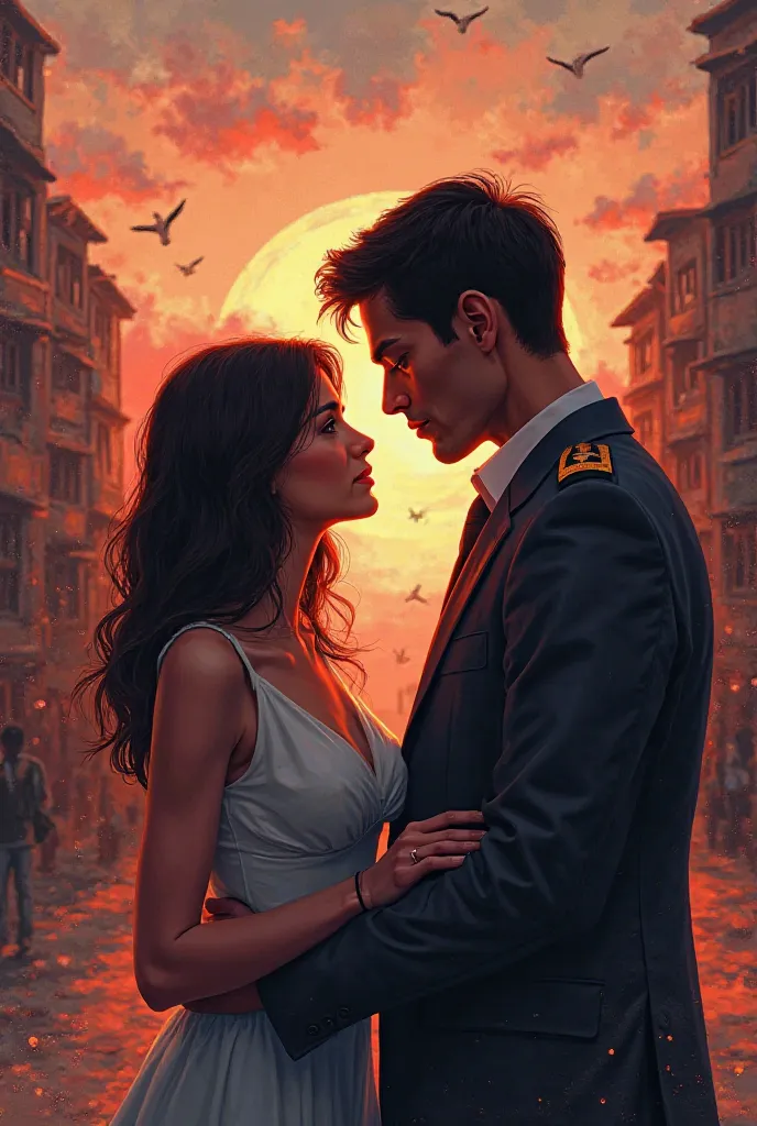 Create a digital illustration, Where do you show a couple in love.  She has  (20 years), She is short, chestnut, brown eyes/Almond-shaped, white,  young, inviting, layered hair. And he has (29 years old), He is dark, military cut (super Corto), a few centi...