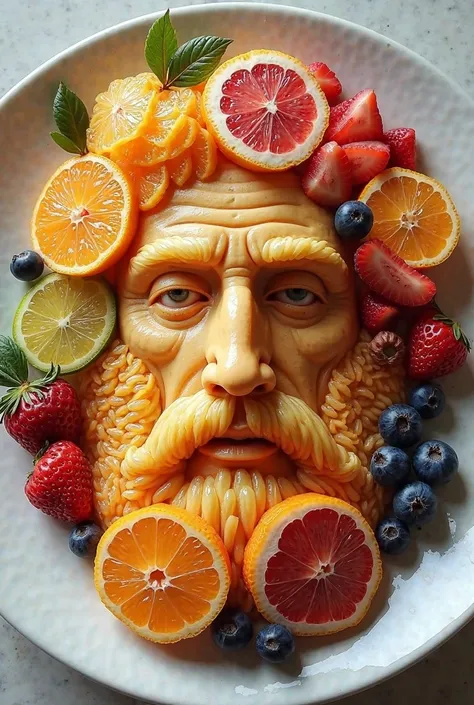 Give me an image of the face of Pythagoras made with fruit cuts on a plate 