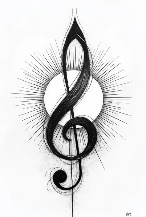 Create black and white line drawing with a letter C hanging or intertwined in a musical note clef of the Sun