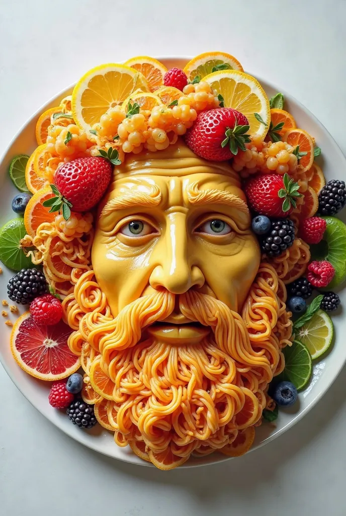 Give me an image of the face of Pythagoras made with fruit cuts on a plate ( But the face also looks like fruit)