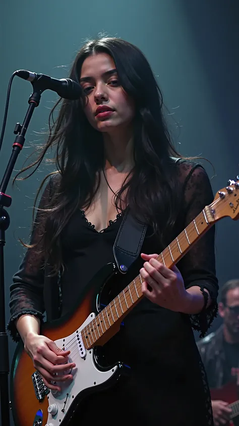  of the highest quality, masterpiece,Ultra high resolution,( Picture Real :1.4),a girl,Check out your audience,woman,long black hair，Live at the concert 、Electric Guitar， Delicate skin texture 