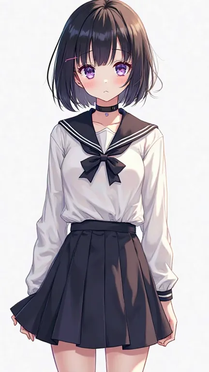 1 girl (appearance = " short black hair ", "purple flashes", "violet eyes", "height: 165cm", " with a slim build " Clothes = "school dress", " black choker", " black skirt") (Full Body Plane) 4K Anime Illustration,  Precise,  super detailed ,  tall details...