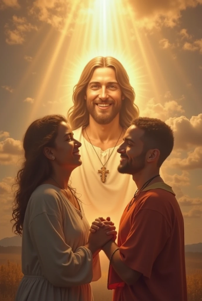 Two people embracing each other as a sign of reconciliation, with a divine light descending on them. in the sky, the image of Jesus smiles tenderly, representing forgiveness and mercy.  The environment is peaceful , with warm colors that evoke love and red...