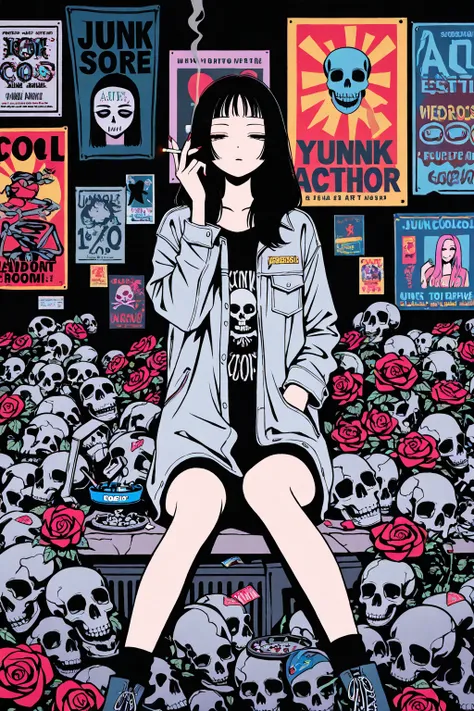  flat color, gyaru, cool beauty, black hair, random hair style, slender body, half-closed eyes, rest, American exotic fashion, junk store motif room, feet out of frame, smoking, 1cigarette, poster, geometric  art, upper  body, background skull and roses ar...