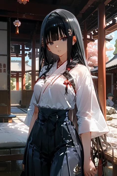  girls on the left,(( black hair,long hair, detailed hair ,Waist-long hair,Bangs all the way to the eyes,straight hair, shrine maiden costume,Hakama,seiza,))、background,(( dojo, dojoの中,))、