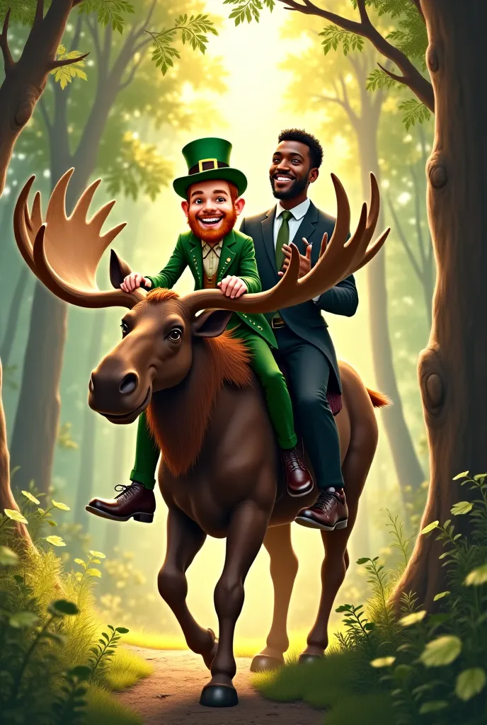 A leprechaun and a black man riding a moose 