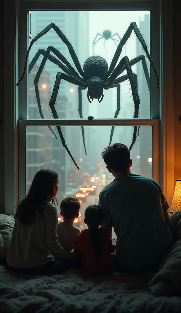 Ultra-realistic image of a family inside their house looking out the window in fear as spiders cover the city.