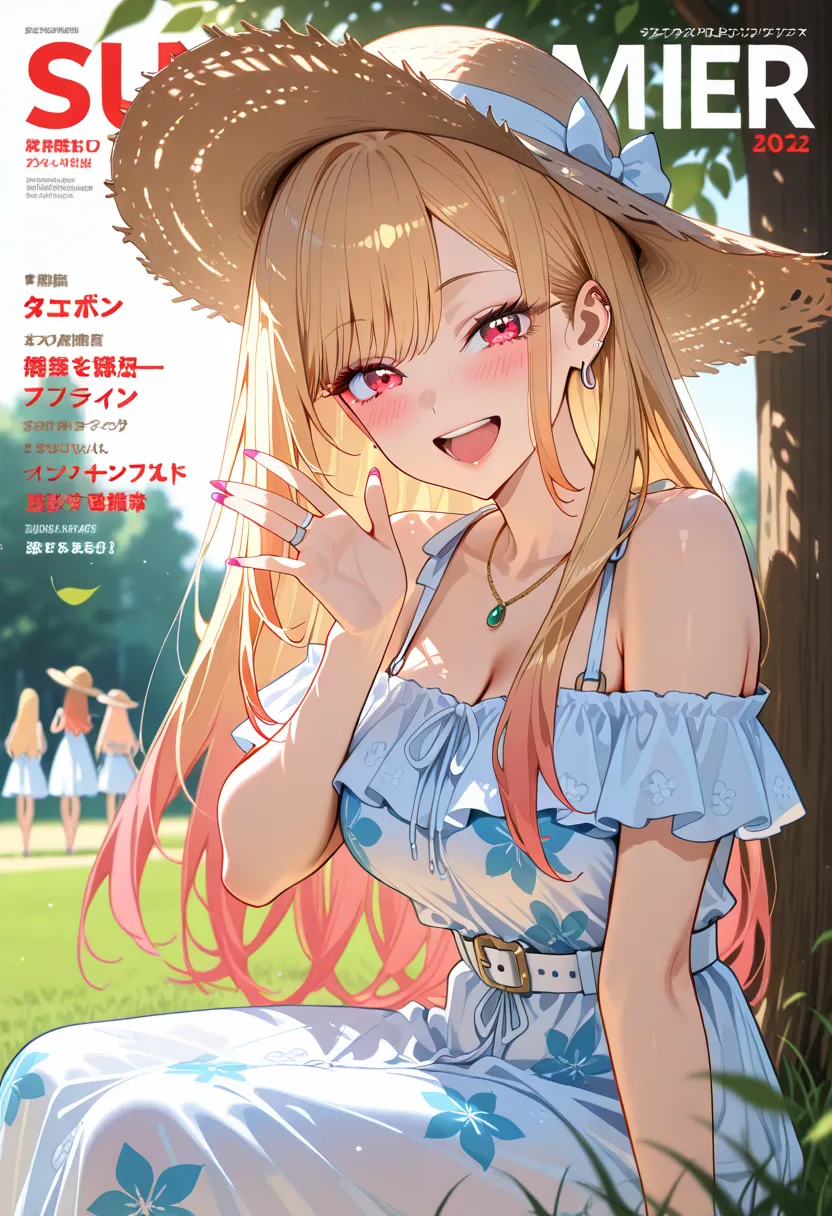 Marin Kitagawa, long hair, blonde hair, light pink ombre hair, red eyes, big eyes, laughing, looking at viewer, stylish summer look, off-shoulder floral sundress with a light beige woven belt, sitting on the grass, adjusting a straw hat with one hand, soft...