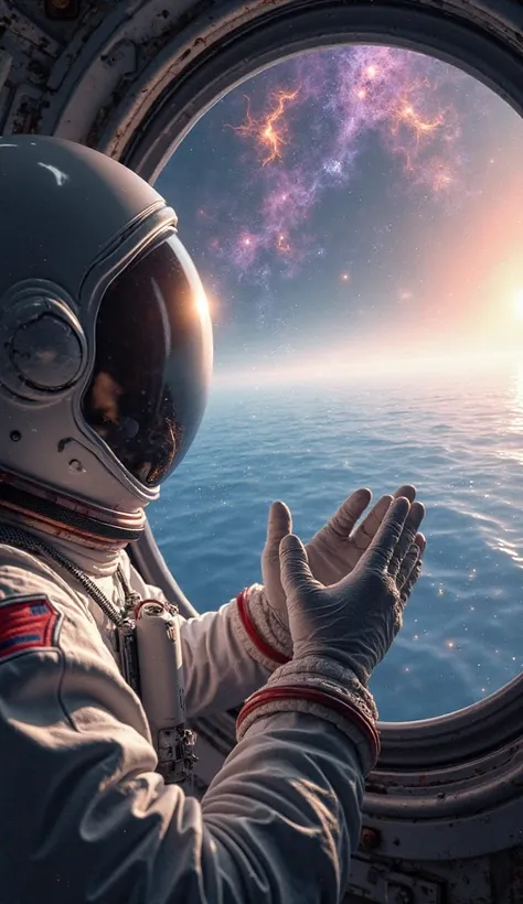 Create an ultra-realistic first-person POV image of an astronaut inside a spacecraft landed on a planet entirely covered by water. The scene shows the astronaut's hands, clad in spacesuit gloves, gently moving toward the helmet visor. The gloves have reali...