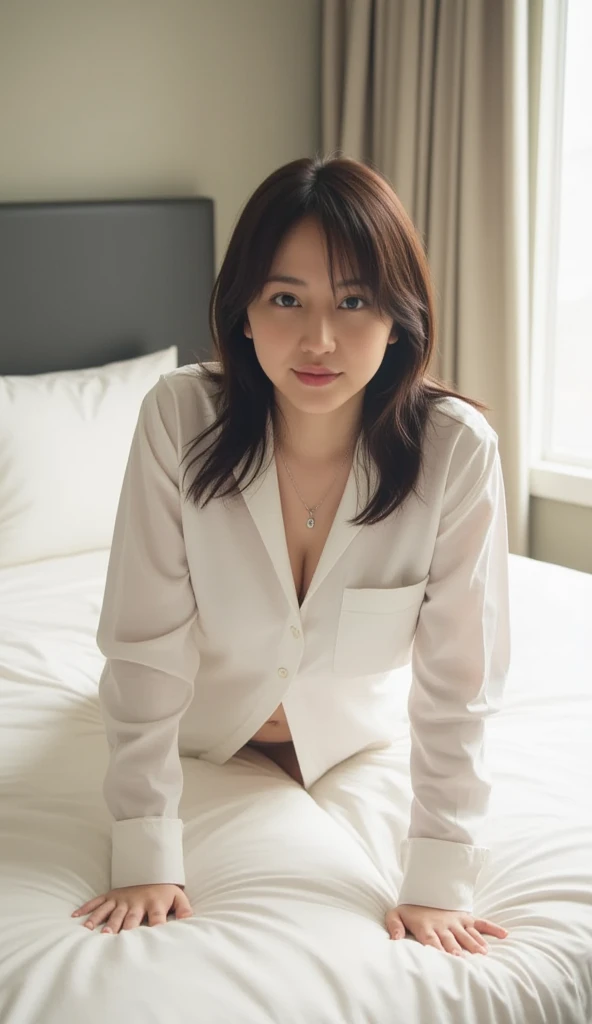 (((   low angle shot 、    biologically accurate images   、      camera with a bright overall picture   :1.22,      lean forward  ,  A loose, open shirt on all fours on the bed 、      underwear))),   Japanese Woman 1,         hotel room、     Indirect Lighti...