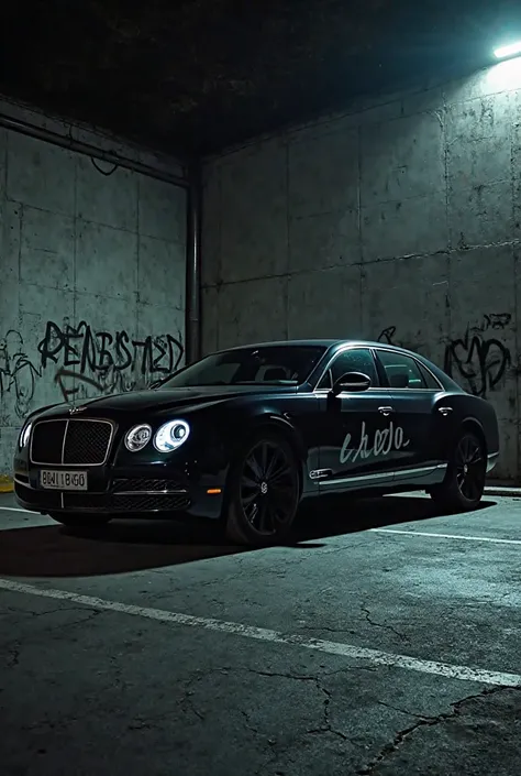 A black Bentley at night in a parking lot with graffiti painted on it that says “ESPI”