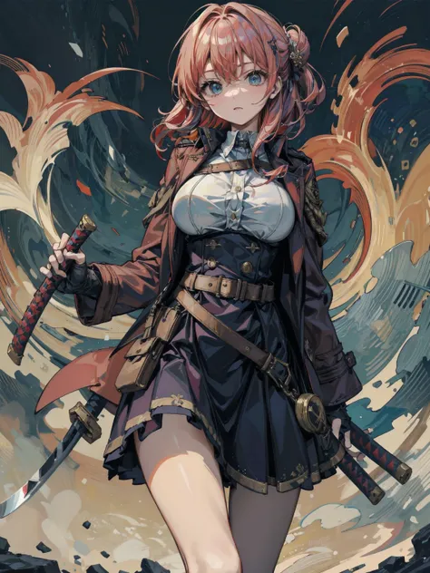 cowboy shot, large breasts, narrow waist, red hair, short hair, wavy hair, half updo, military uniform coat, equipped broad katana, skirt, dress shirt, admiral, military uniform, trench coat,