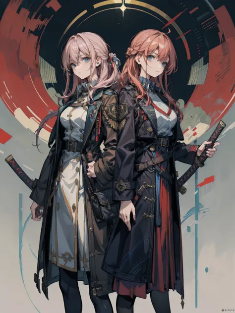 cowboy shot, large breasts, narrow waist, red hair, short hair, wavy hair, half updo, military uniform coat, equipped broad katana, skirt, dress shirt, admiral, military uniform, trench coat,