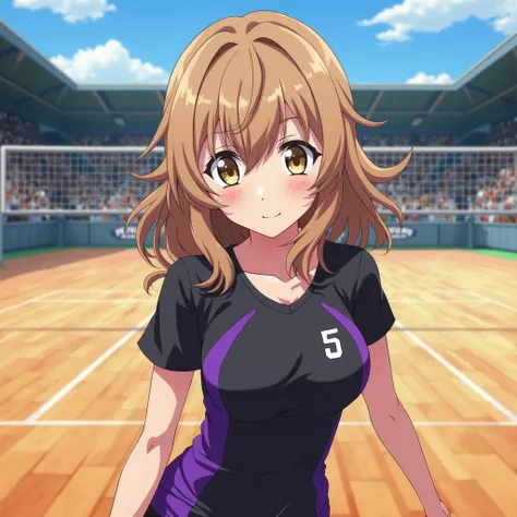 Screenshot anime haikyuu, Light brown curvy medium-haired girl with long bangs,  golden eyes, , dressed in a black sports outfit with purple details on a volleyball court