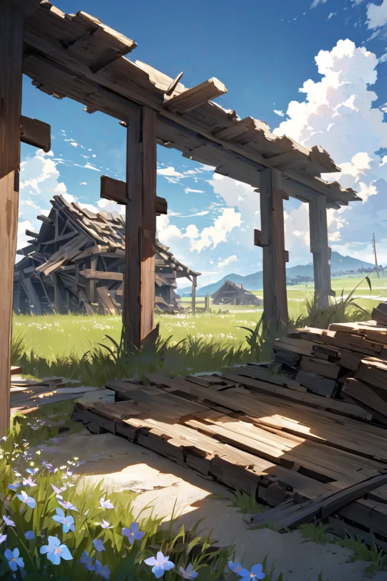 /imagine prompt: a group of wooden ruins scattered in an open area, featuring collapsed wooden structures with exposed beams, weathered surfaces, and remnants of walls, surrounded by tall grass and wildflowers, under a clear blue sky with a few drifting cl...