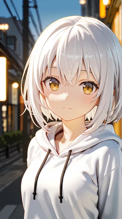 Urban background,anime girl with normal breasts, short white hair , wearing a white hoodie