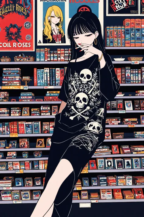  flat color, gyaru, cool beauty, black hair, random hair style, slender body, half-closed eyes, rest, American exotic fashion, books store motif room, feet out of frame, smoking, 1cigarette, poster, geometric  art, upper  body, background skull and roses a...