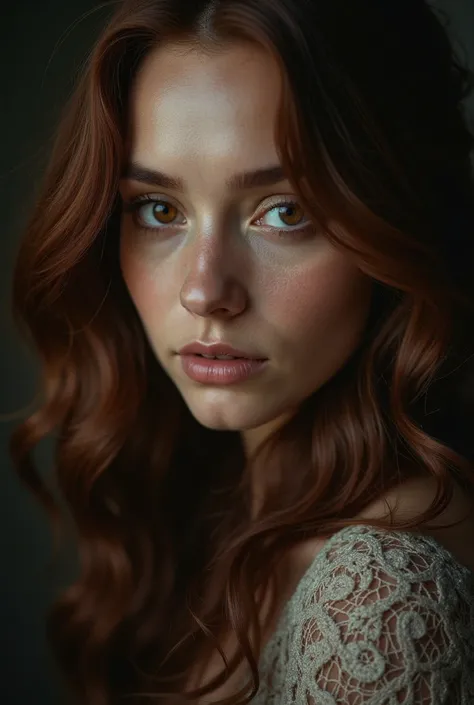 an image of a woman with brown eyes and hair on a dark background