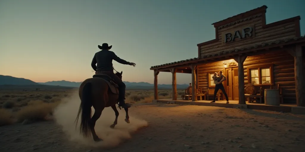 In a wide shot, the exterior of a rustic bar is seen under the dimming light of dusk. A man on horseback speeds away, kicking up dust as he flees from the establishment. Near the entrance, another man stands outside, his posture tense, pointing directly at...