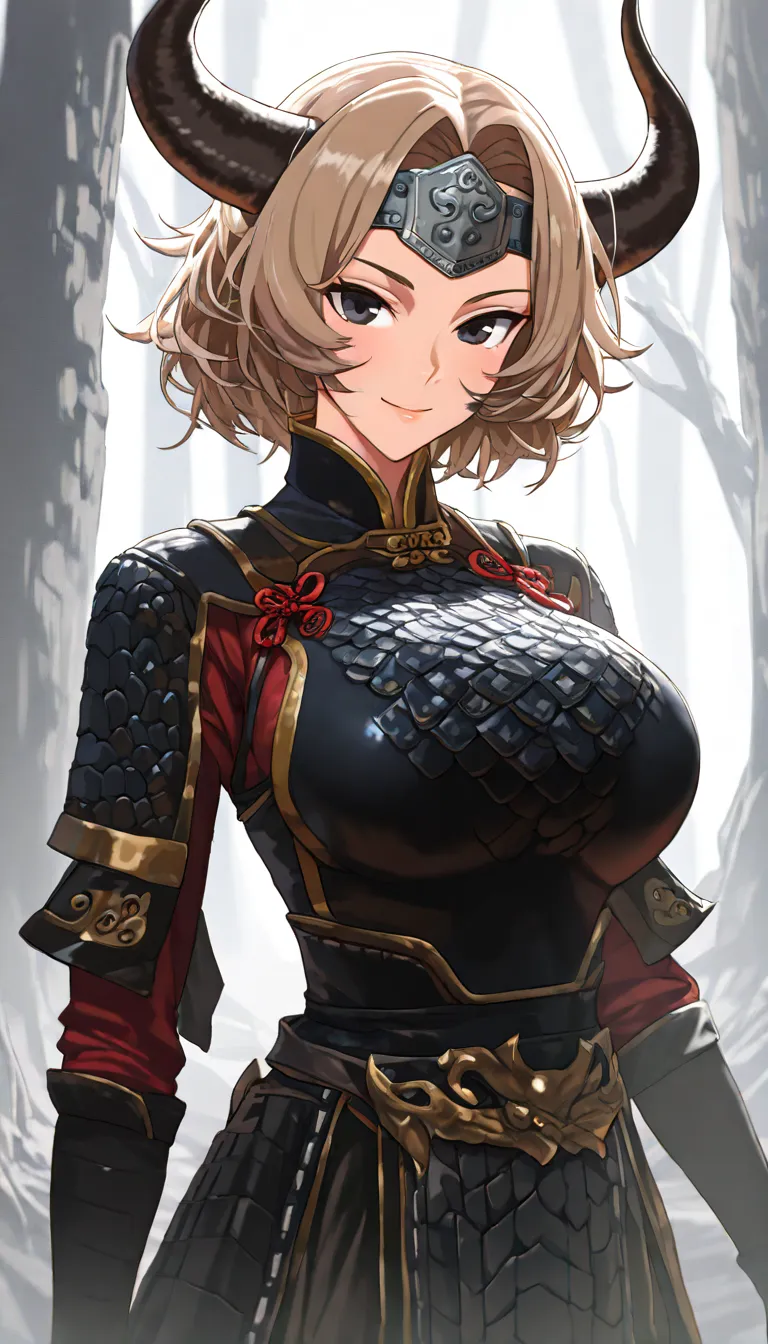 A buffalo Female ,buffalo horns, Perfect body,Oppai (short hair, light brown hair, messy hair, parted bangs),buffalo Metal Forehead Protector, Black eyes, Wearing A Dark buffalo armor (Chinese Armor,Matte), Open pose, seductive smile, In A Stone forest, UH...