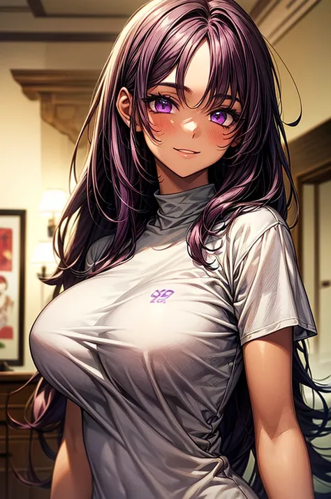 Masterpiece, ((1 girl, Brown Skins, Tan Skins)), ((Best Quality)), (Ultra-detailed), Highly detailed, ((Big Breasts)), ((Close up)), Perfect Lighting, Perfect background, ((Long Hair, Straight Hair, Dark Purple hair, Purple eyes)), ((18-years-old, Young Gi...