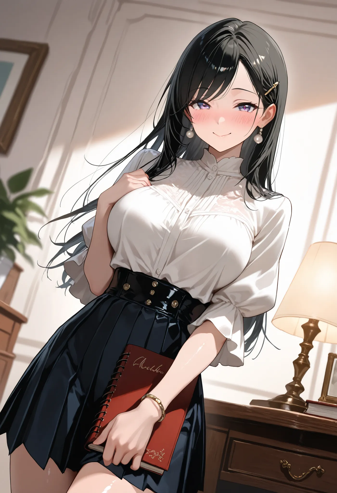 (best quality, masterpiece, ultra detailed, high resolution), Beautiful 8K CG artwork, Enriched photography, anatomically accurate body, depth of field,  1girl, elegant yet sexy girl, (long hair, black straight hair, swept bangs), 
round large breasts, bre...