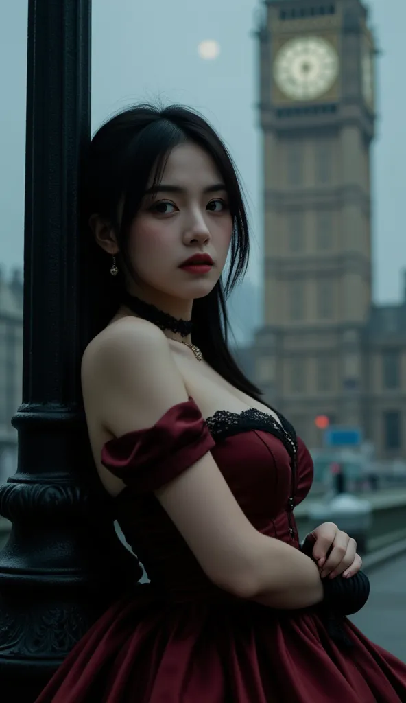 A stunning British vampire aristocrat, her piercing emerald eyes glowing under the moonlit London fog. She wears an elegant, deep crimson corset dress with black lace detailing, her porcelain skin contrasting beautifully against the dark Victorian night. A...