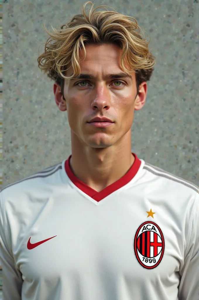 Create a photo of this fair-haired and green-eyed Spanish player wearing the white 2007 AC MILAN uniform he's 25 years old