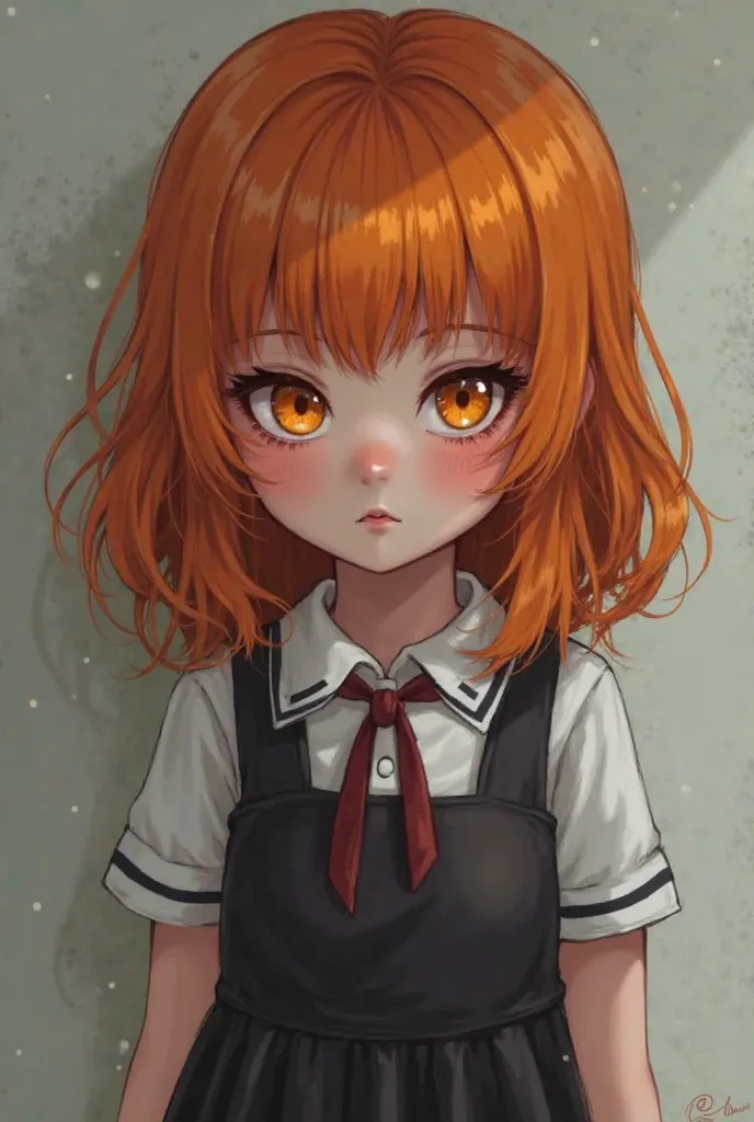 FNAFHS style girl with orange hair and orange eyes, white and slightly short skin, wearing a black and lavender white school dress