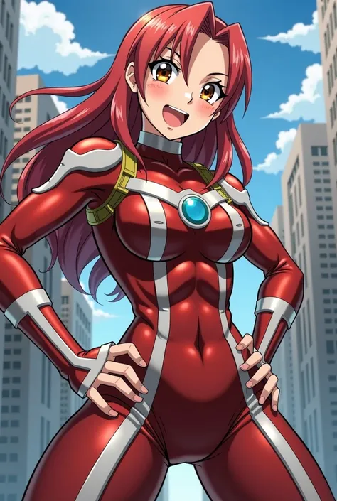  My Hero Academia Style , Anime girl, female, young female,muscular female,Full Body Shot,(fighting Pose:2),Long hair, Red Hair,  Brown Eyes,Hero Suit, Full Body Suit, red suit with white details,small round blue jewel in the center of the chest, perfect a...