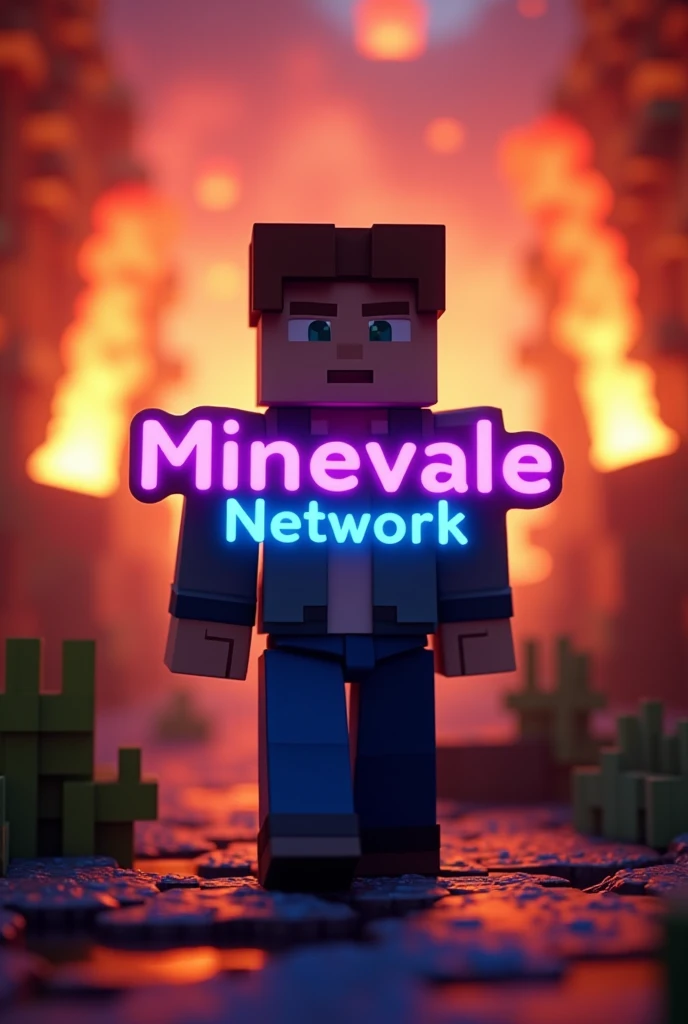 Could you give me an image of a Minecraft character that says MINEVALE in purple and below MINEVALE say NETWORK in blue and in the background it has orange and red