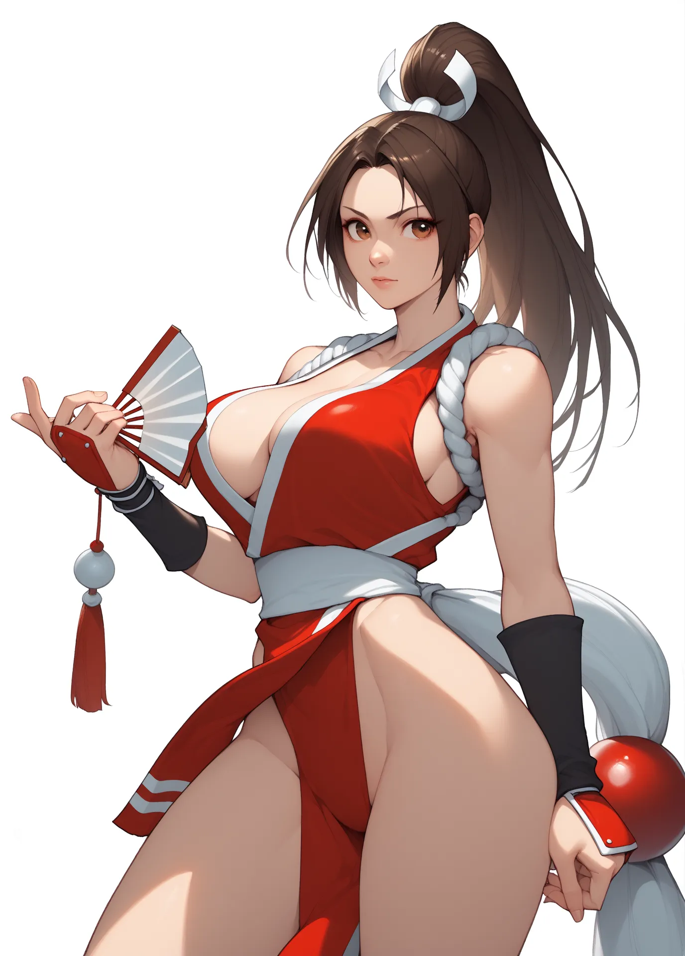 cowboy shot, white background, Looking at the spectator, 1 girl, Alone , ponytail, long hair, Big breasts, shiranui mai, ffmai hand fan , revealing clothing,  sleeveless, neckline, arm protectors, ninja, Wad of bills, pelvic curtain score_9, score_8_arriba...