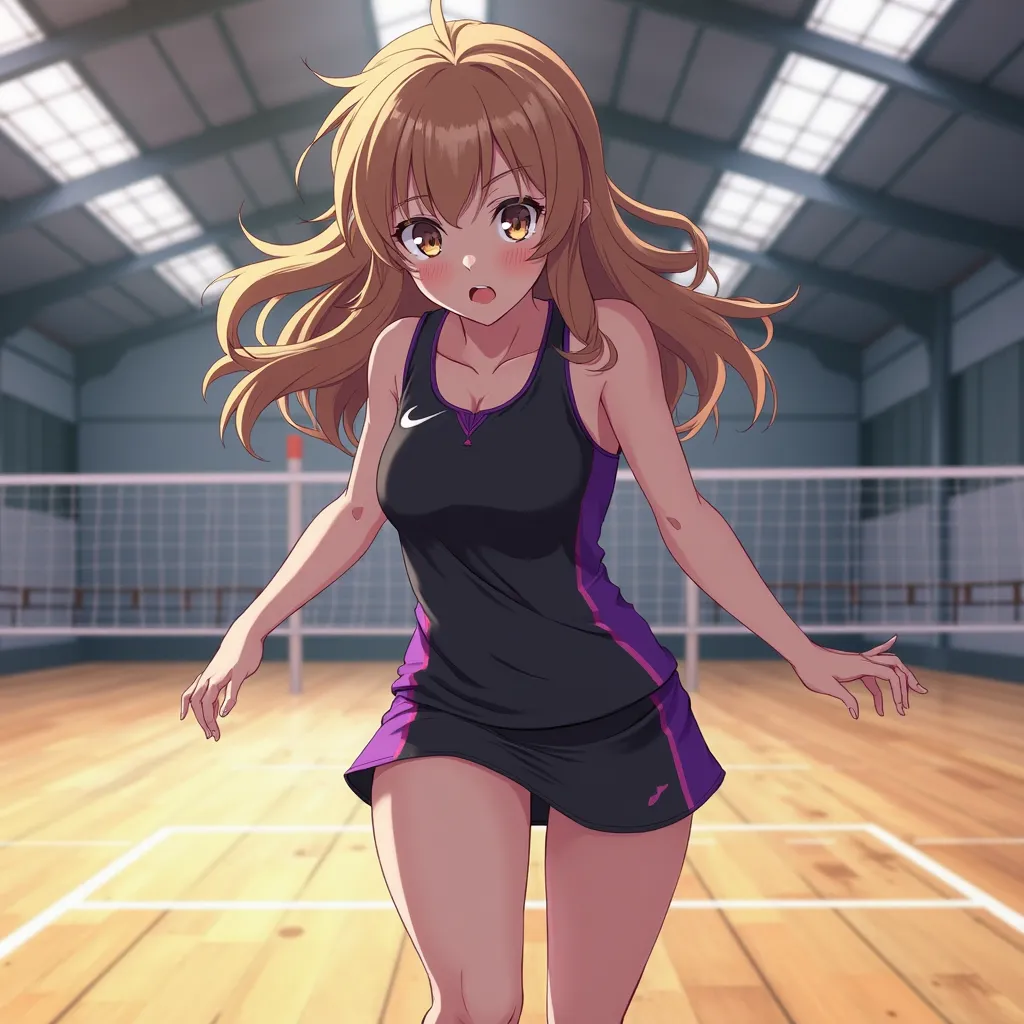 haikyuu style screenshot, Light brown curvy medium-haired girl with long bangs,  golden eyes, , dressed in a black sports outfit with purple details on a volleyball court