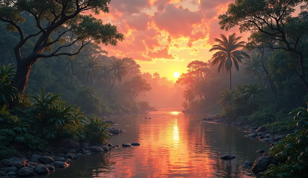 Depicting a mysterious river in the Amazon forest、Ultra-realistic and highly detailed beautiful masterpiece, With the setting sun, 