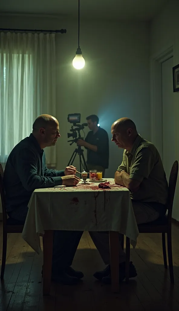 "A surreal, disturbing scene depicting a man (Armin Meiwes) sitting at a dining table with another man (his willing victim). The victim appears calm, unaware of his gruesome fate. Armin is cutting a small piece of flesh and eating it while they both sit to...