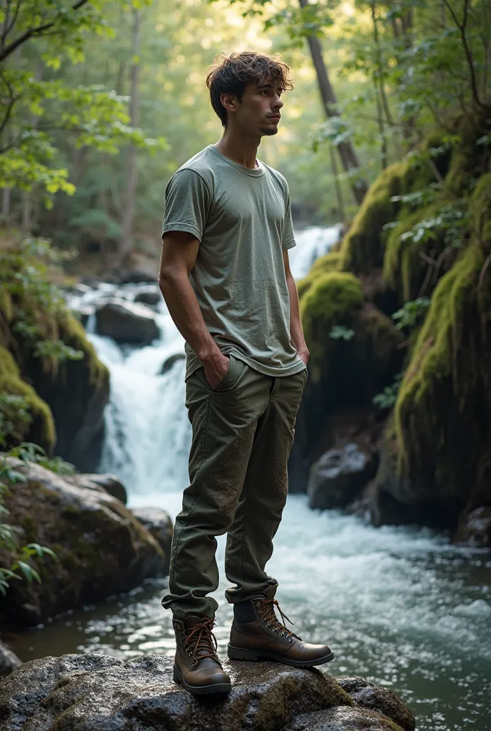 A young man about 25 years old is standing on a damp rock, watching the constant flow of a small waterfall that descends between moss-covered rocks. He wears a lightly sweaty cotton t-shirt attached to his body, hiking pants with dirt marks and wet boots, ...