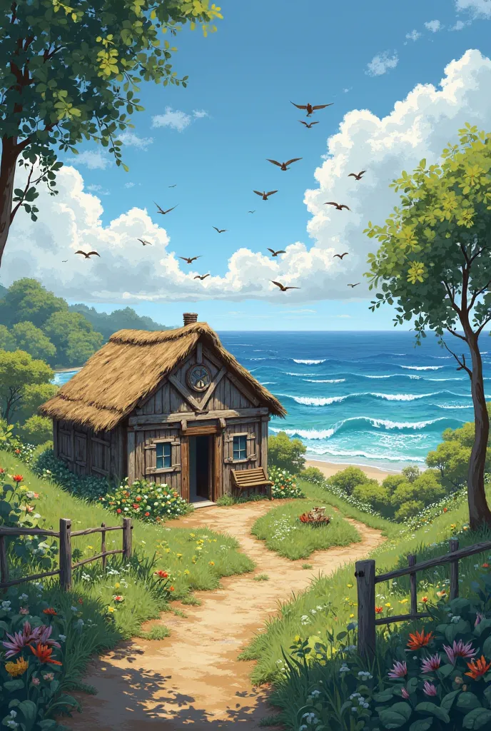 hut in the farm near the sea, sea has waves, with flying birds and insects on trees