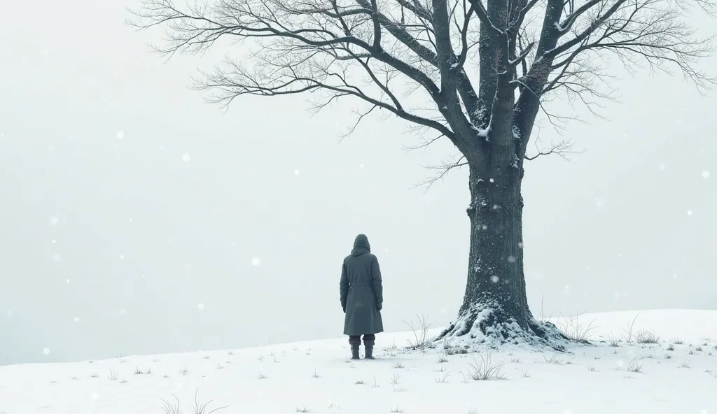 Person standing in front of a tree with white snow 