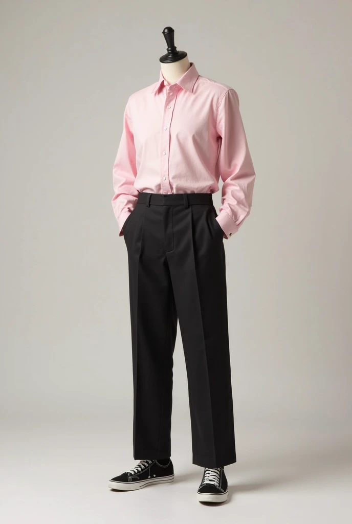 Create an oufit, a pastel pink shirt to wear, with buttons and long sleeves, with wide black pants also to wear, With black campuses these clothes put on a mannequin on a mannequin men's clothing 