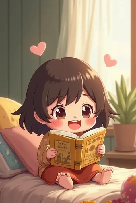 a happy cute cartoon chibi girl reading a book

